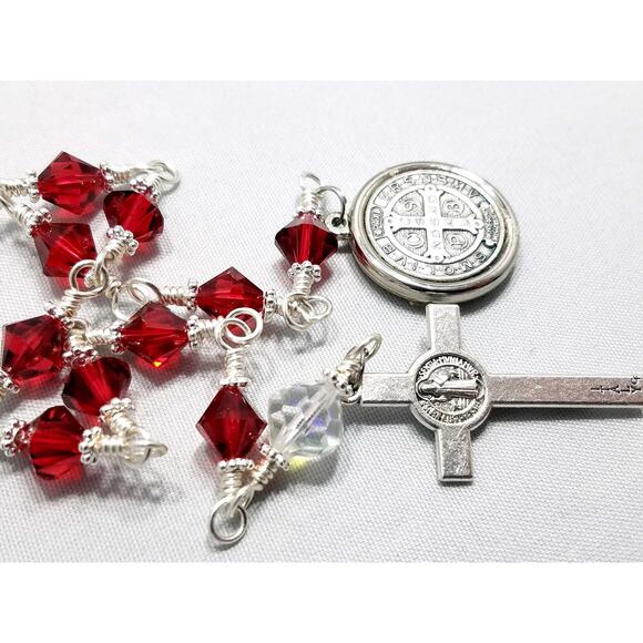 St Benedict Red Handmade One Decade Rosary, Red Swarovski Decade Beads - Picture 7 of 10